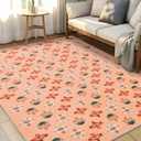 YIHOUSE Orange Floral Washable Area Rug 5'x7'- Small Colorful Living Room Rug Ultra-Thin Non-Slip Area Rug for Bedroom, Nursery Room, Kids Room (Orange, 5x7ft)