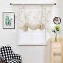 LeLehome Tie up Balloon Window Curtain 1 Panel, 63" Long Light Filtering Window Treatment Sheer Curtain Linen Embroidery Beige Flowers Rod Pocket for Kitchen Bedroom Home Decoration