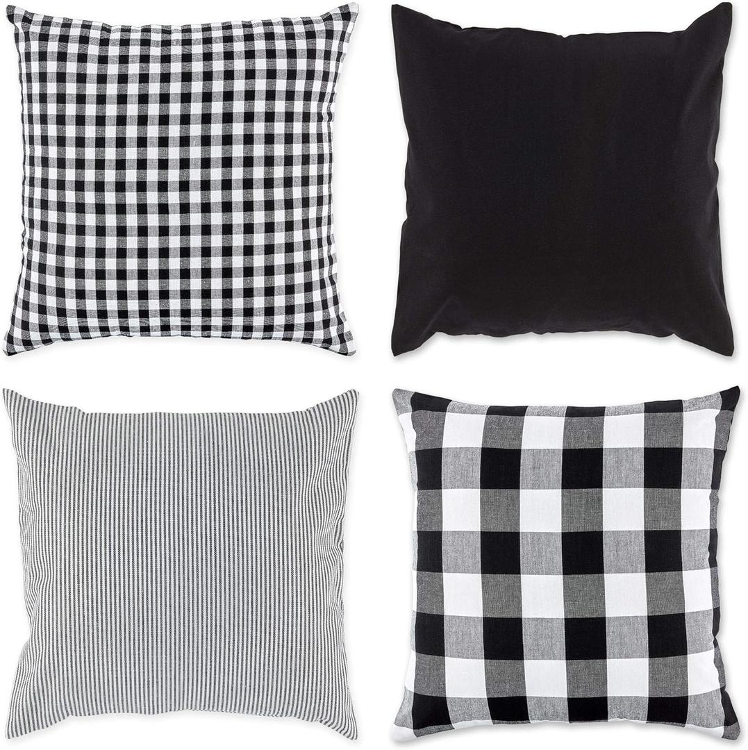 DII Decorative Square Throw Pillow Cover Collection Cotton, Machine Washable, Hidden Zipper, 18x18, Black Assorted, 4 Piece