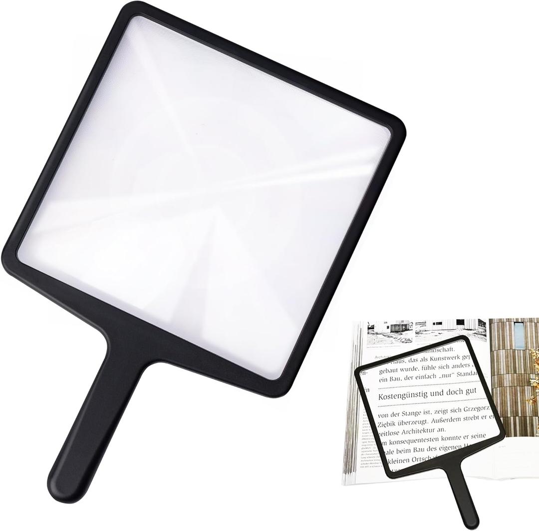 Full Page Magnifying Glass for Reading, 3X Large Square Handheld Fresnel Magnifying Glass for Reading, No Deformation of Text, Clear View Edges for Seniors, Low Vision, Black