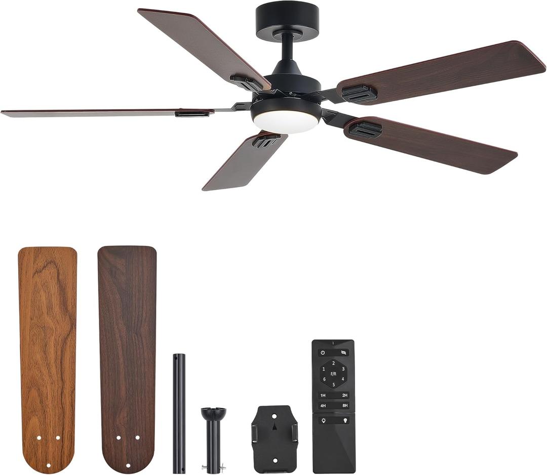 VONLUCE Ceiling Fans with Lights and Remote, 52" Ceiling Fan with 5 Blades, 6-Speeds Noiseless Reversible DC Motor for Farmhouse Bedroom Indoor, Walnut