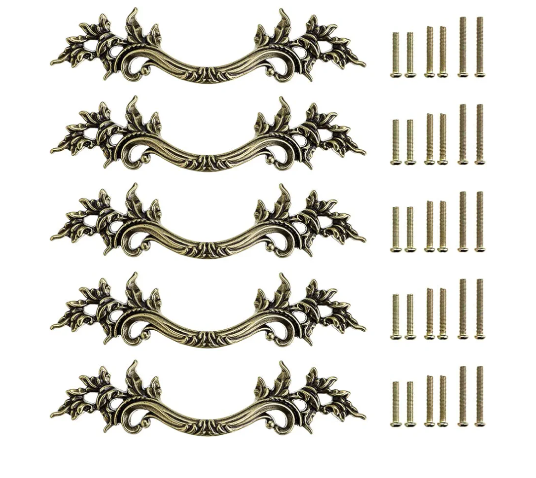 JUXYES Pack of 5 European Style Vintage Cabinet Handles Pulls, Antique Decorative Dresser Drawer Pulls Retro Drawer Pull Handles Knobs for Cupboard Cabinet (Antique Bronze)