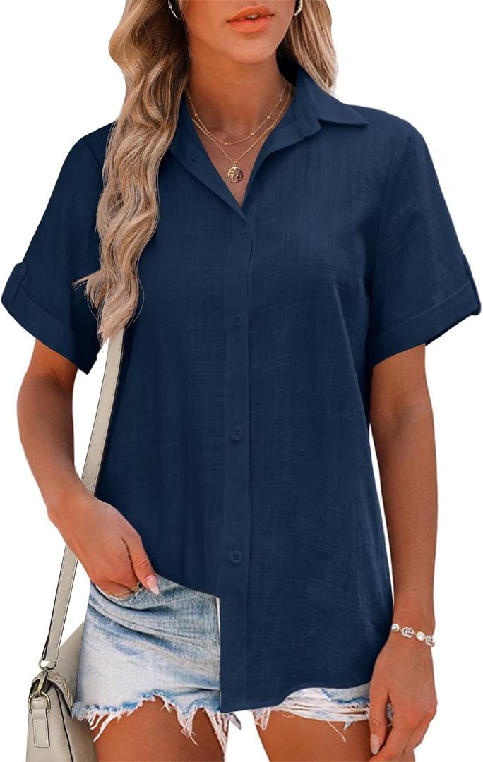 HOTOUCH Women Summer Button Down Shirt Short Sleeve Cotton Blouses Button Up Tops Beach Vacation Outfits (X-Large, B-navy Blue)