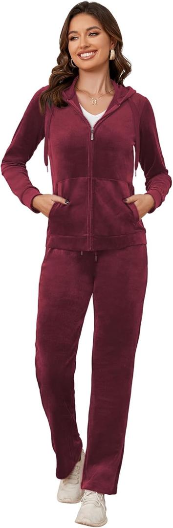 MIDNIGHTSUN Women's Velour Tracksuit 2 Piece Full Zip Hooded Sweatsuits Outfits Velvet Sportswear Jogging Set (X-Large, Wine)