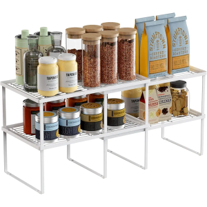 LANEJOY Metal Expandable Cabinet Shelf Organizer, Set of 4 Stackable Shelves for Pantry, Storage Countertop Shelf for Kitchen Counter, White, 17" L X 10" D X 6.3" H