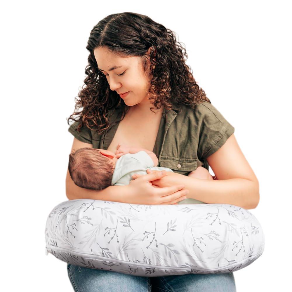 Boppy Nursing Pillow - Firm, Ergonomic U-Shaped Bottle and Breastfeeding Pillow with High Lift for Comfort and Support, Spacious Surface - Gray Gentle Leaves