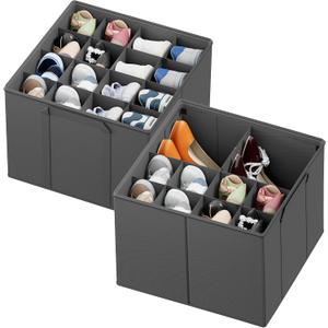 SpaceAid Shoe Organizer for Closet, 2 Pack Foldable Shoe Storage Containers Baskets Boxes Bins w/Adjustable Dividers, Fits 16-32 Pairs, Grey
