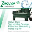 Zoeller Waste-Mate 267-0001 Sewage Pump, 1/2 HP Automatic Heavy-Duty Submersible Sewage, Effluent or Dewatering Pump