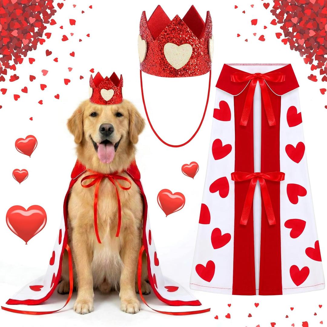 Hillban Valentine's Day Dog Costume Heart Crown and Cape Cover Set Dog Queen Valentines Outfit Heart Cape Hat for  Dogs and Pets (Large)
