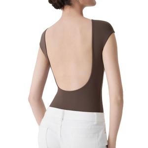 SUUKSESS Women Backless Y2k Short Sleeve Bodysuit Double Lined Boat Neck Open Back Sexy Basic Top (Mocha, M)