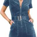 Women's Corduroy Mini Dress Short Sleeve Lapel Zip Up Belted Cowgirl Dresses with Pockets (Large, Blue)