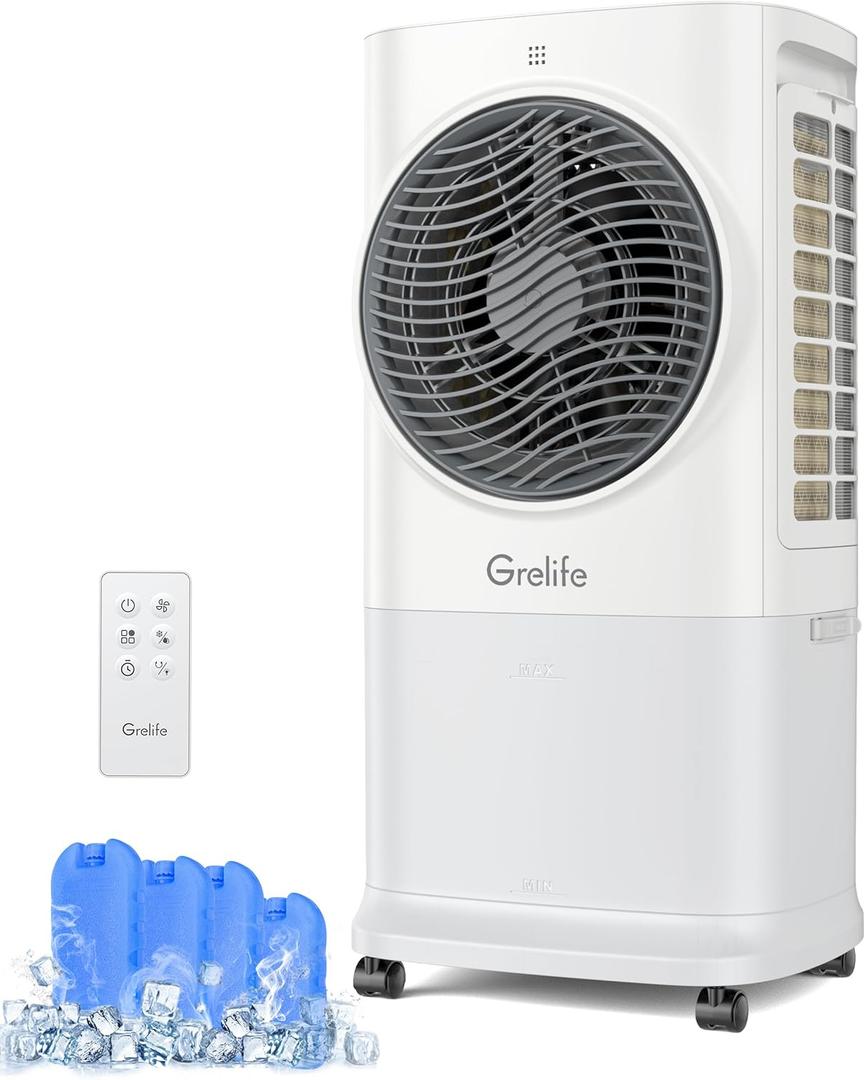 Grelife Portable Evaporative Air Cooler, 3-IN-1 Air Cooler Cooling Fan with Remote Control, 8H Timer, 4 Ice Packs, 6.5L Water Tank, 3 Modes, 3 Speeds, Personal Swamp Cooler for Bedroom/Office/Home