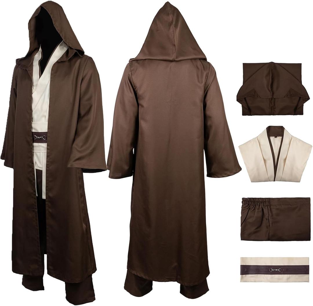 Jedi Robe Costume Outfit 4PCS, Jedi Tunic Pant Belt Suit for Adult Men Halloween Cosplay Outfit, Brown (XX-Large)