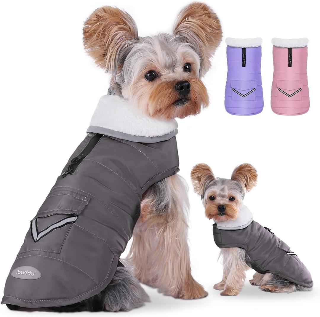 iBuddy Dog Winter Coat for Extra Small Dogs, Easy on XS Dog Snow Jacket Velcro Waterproof Pet Puffer Clothes with Harness Hole Adjustable Reflective Quilted Dog Cold Weather Vest for Boy 8-12 Pounds (Gray)