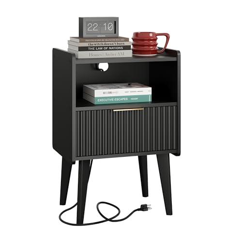 YAUKOMEL Fluted Nightstand with Charging Station, Modern Bedside Table with Drawer,Black Nightstand with Solid Wood Legs, End Table,Side Table for Living Room,Bedroom Black CTG57BKE