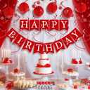 Red Birthday Decorations Kit - 16-Piece Set with Pre-Strung Happy Birthday Banner, Honeycomb Balls, Garland & Swirls | Red Theme Party Supplies for Women Girls Kids, Teens Adults