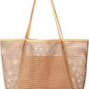 Iioscre Mesh Beach Bag for Women, Hobo Pool Bags with Wide Shoulder Straps & Zipper Inner Pocket, 23L Swim Bag for Vacation. (Khaki)