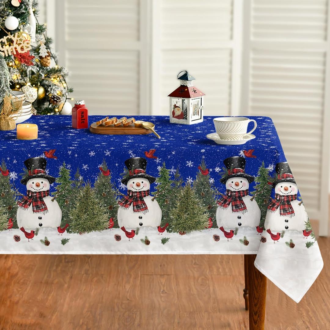 Horaldaily Christmas Tablecloth 60120 Inch Rectangular, Winter Snowman Trees Blue Washable Seasonal Table Cover for Party Picnic Dinner Decor