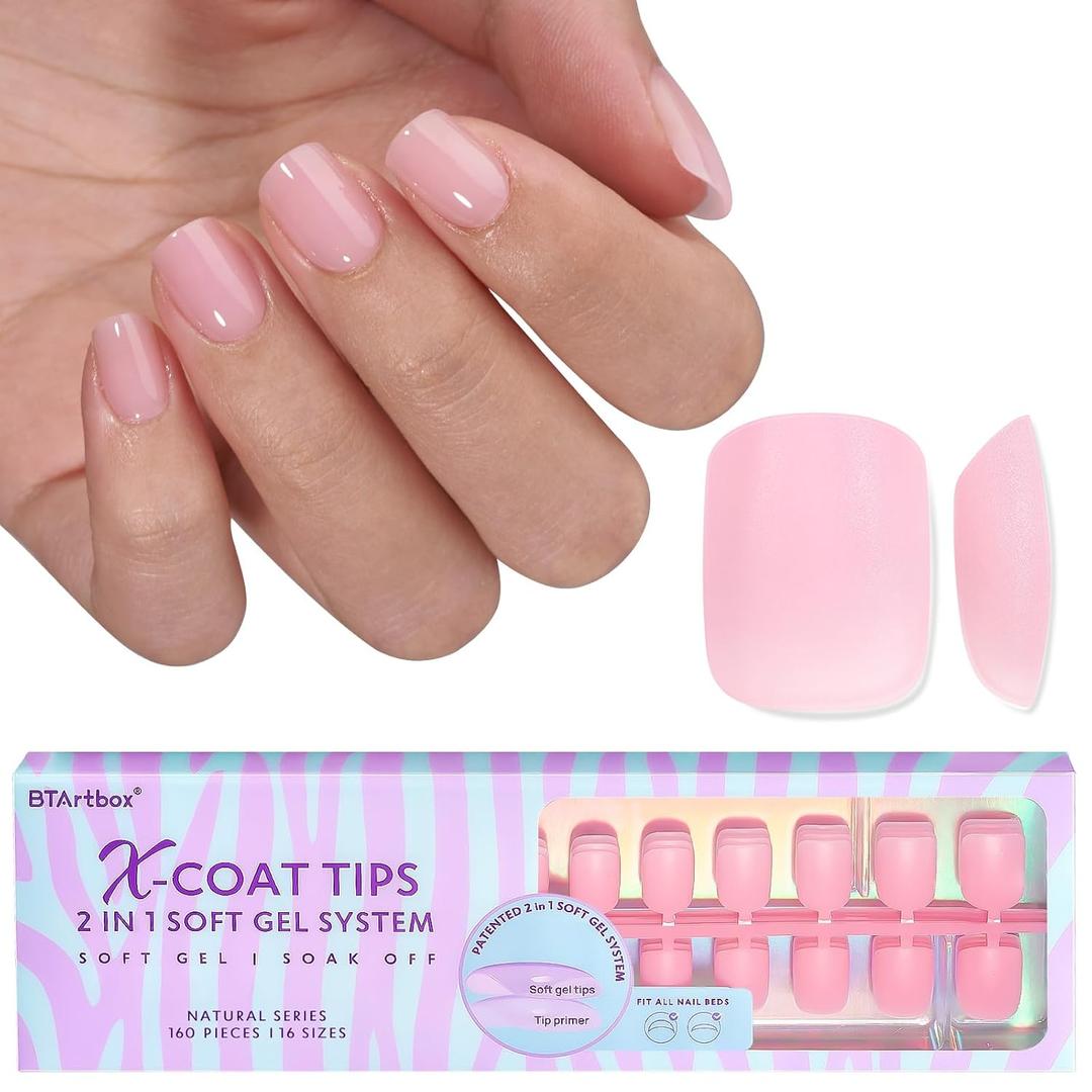 BTArtbox XCOATTIPS Natural Nail Tips - Extra Short Square Press On Nails Pink, Long Lasting Soft Gel Nails False Nail, Soak Off Acrylic Fake Nails Extensions for Nail Art DIY Women