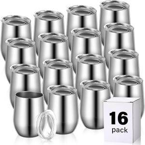 16 Pack Stainless Steel Wine Tumblers 12 oz Insulated Vacuum Wine Cup Set Double Wall Stainless Steel Stemless Mug Glasses for Coffee Soda Whiskey Outdoor Travel (Silver)