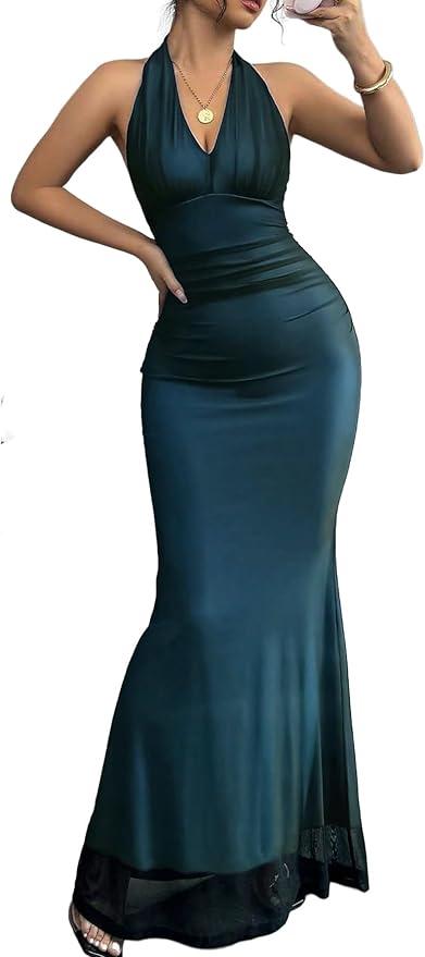 Narecte Women’s Halter Neck Maxi Dress Deep V Neck Sleeveless Bodycon Evening Party Wedding Guest Formal Dress M