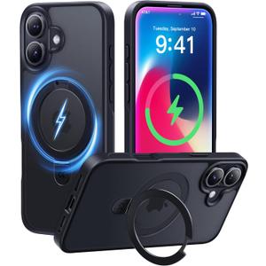 CASEKOO Ultra-Magnetic Stand for iPhone 16 Plus Case [Military Drop Protection] [Compatible with MagSafe] Shockproof Translucent Matte Slim Ring Holder Case for iPhone 16 Plus 6.7", Black