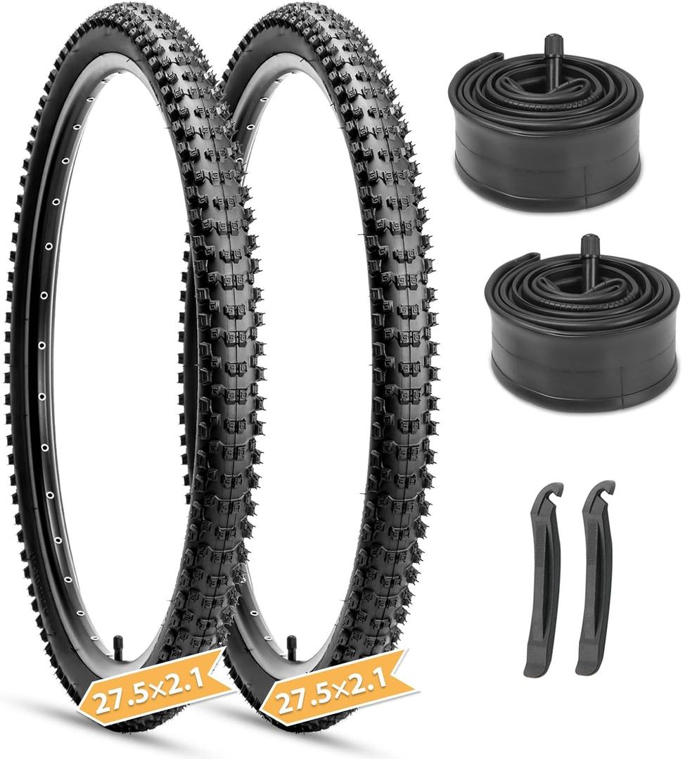Hycline Mountain Bike Tires Set: 2-Pack 26/27.5/29x2.1 Inch Folding Replacement All-Terrain High-Density Bicycle Tires with Pair Tubes & Tire Levers Compatible for Street Off-Road Riding