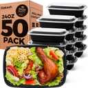 100-Piece (50-Pack) 24 OZ Meal Prep Containers Reusable with Lids, Sturdy Leakproof & Food Safe, Microwave, Freezer, Dishwasher Safe To Go Food Containers, Plastic Take Out Containers, Black