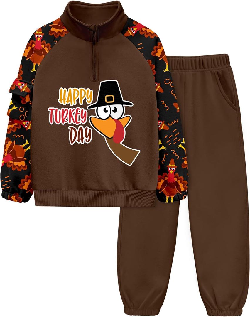 ADIRUN Boys Clothes Quarter Zip Long Sleeve with Pocket Sweatshirt Pants 2Pcs Color Block Fall Winter Outfits Set 6-12T (11-12 Years, Dark Brown)