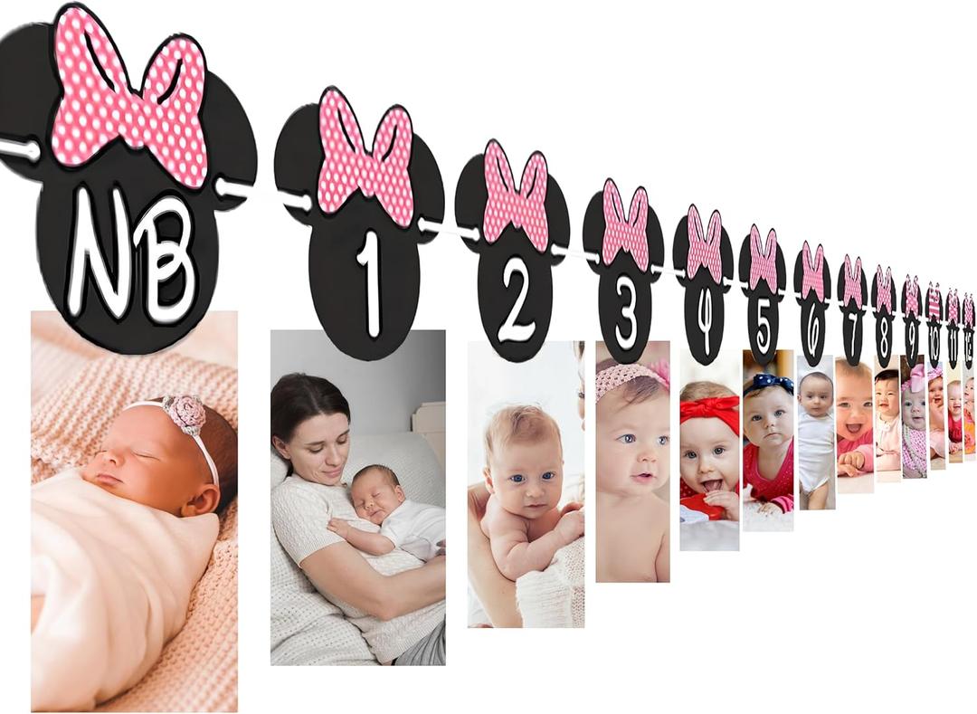 Minnie Mouse 12 Month Photo Banner [Hot Pink] | Photo Birthday Banner | Minnie Mouse Birthday Banner | Minnie Mouse Party Supplies | Minnie Mouse Birthday Decorations