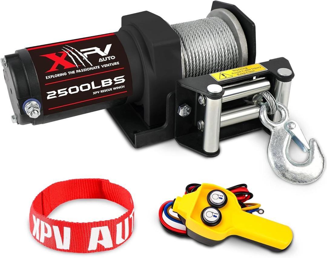 XPV AUTO 2500lbs Electric Winch 12V Waterproof Steel Cable with Wired Remote Control & Mounting Plate ATV UTV Towing Trailer Winch Off-Road