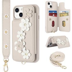 Compatible with iPhone 13 / iPhone 14 Wallet Case with Card Holder for Women, Kickstand, Crossbody Lanyard, Wrist Strap Flower Leather Flip Cover Designed for iPhone 13/14 6.1", Beige
