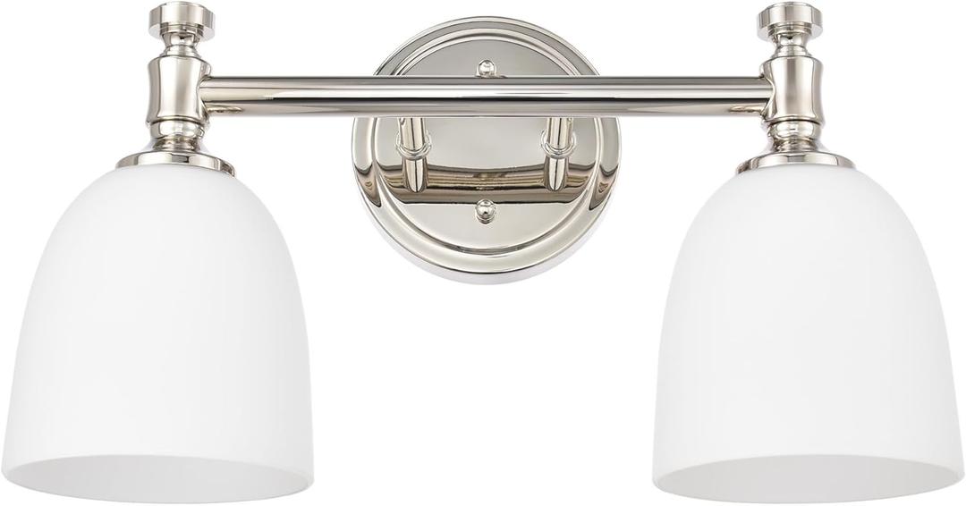 Bathroom Vanity Light, 2-Light Bathroom Light Fixtures Over Mirror, Traditional Vanity Lights for Living Room, Milk White Bell Glass Shades, Standard E26 Base, Polished Nickel