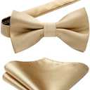 HISDERN Mens Bow Ties Solid Color Pre Tied Bowtie and Pocket Square Set Classic Formal Tuxedo Bowties for Wedding Party (03-champagne)