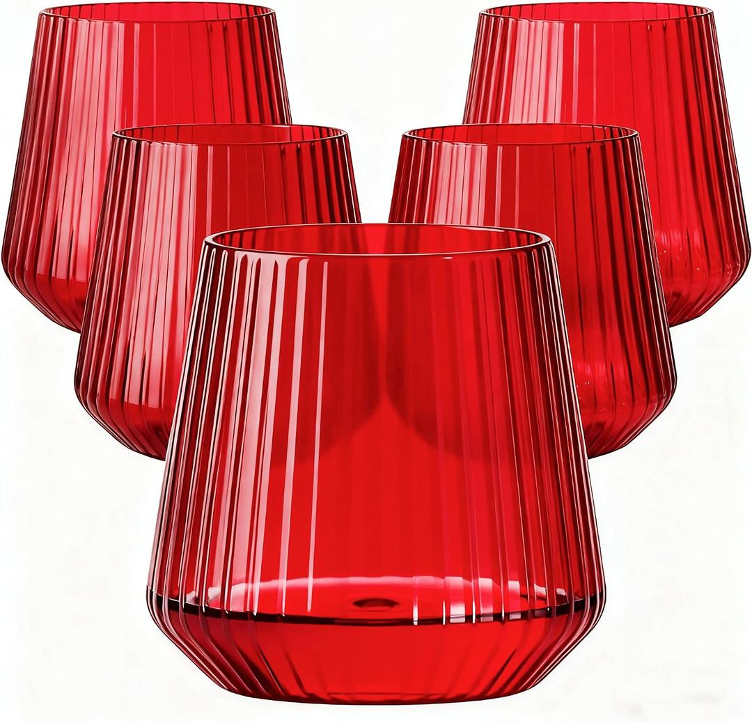 Lueumxc 40 Pack Plastic Ribbed Wine Glasses, 14Oz Origami Disposable Wine Glasses Unbreakable Clear Plastic Cocktail Glasses Recyclable Shatterproof Reusable Wine Cups (14oz-red-40pack)