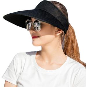 Sun Visor Hats Women Large Brim Summer UV Protection Beach Cap (Black)