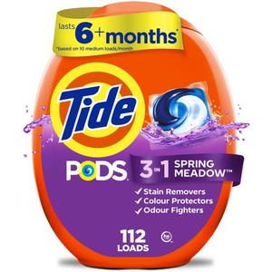 Tide PODS Laundry Detergent Pacs, 3-in-1 Stain Remover, Odor Fighter, Color Protector, 112 Count, HE Compatible, Spring Meadow Scent