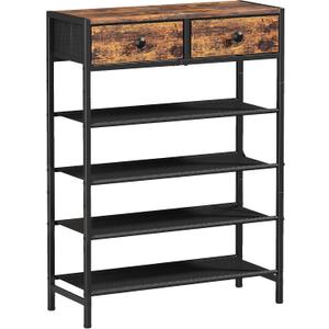 Shoe Rack, 5 Tier Shoe Organizer with 2 Drawers, Metal Shoe Storage for 16-20 Pairs of Shoes with Fabric Shelves and Wooden Top, Narrow Shoe Shelf for Closet Entryway Rustic Brown