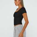 Trendy Queen Double Lined Short Sleeve Tshirts for Women Square Neck Cute Crop Top Spring Summer Basic Tees Workout Going Out, Size S (Black)