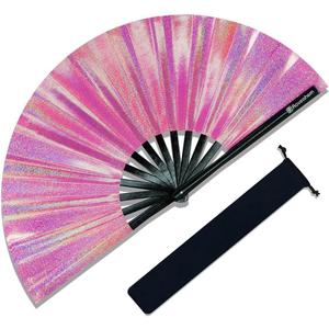 Large Rave Fan, Clack Folding Hand Fan with Premium Fabric, Thick Bamboo Frame for Men Women Gift for EDM, Festival, Club, Party, Dance, Decoration (Lridescent Pink, 13")