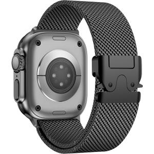 Milanese Mesh Loop for 44 mm 45 mm Apple Watch Band for Men 42/44/45/46/49 Women,Stainless Steel Parachute Buckle for iWatch Ultra 2 Series 10 9 8 7 6 SE 5 4 3 (Black)