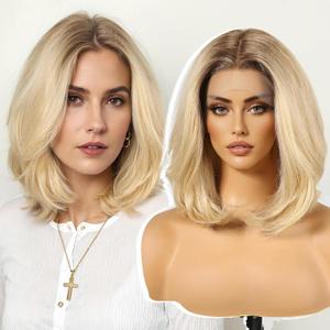 Ombre Blonde Human Hair Wigs,13X5X1 Glueless Bob Layered Lace Front Wig for White Women,Fiber & Remy Human Hair Blend for Daily Use 10IN