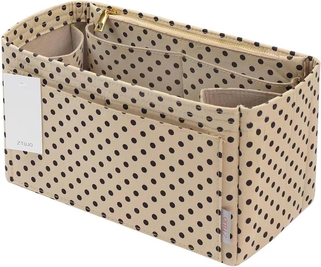 ZTUJO Purse Organizer Insert For Handbags, Silky Touching Bag Organizer Insert With Bottle Holder, Perfect for Speedy, Neverfull, Tote,ONTHEGO,Artsy,Handbag and More (Medium, Brown polk dots Beige)