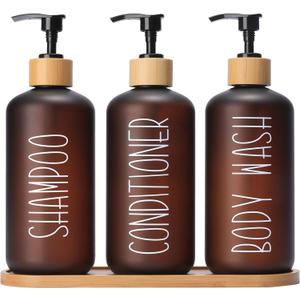 MOMEEMO Amber Shower Dispenser Set, Contains 3 Extra-Thick PET Plastic Bottles with Bamboo Pumps, Shampoo and Conditioner Dispenser for Shower Perfect for Modern Bathroom Decor. (Amber)