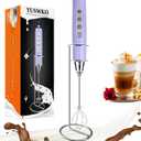 YUSWKO Light Purple Rechargeable Milk Frother for Coffee with Stand, Handheld Drink Mixer with 3 Heads 3 Speeds Electric Stirrers for Latte, Cappuccino, Hot Chocolate, Egg