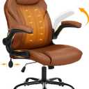Office Desk Chair, Ergonomic Computer Chair with Padded Flip-Up Arms and Adjustable Lumbar Support, PU Leather Executive Chair with Tilt Lock and 360 Swivel Rolling Wheels for Work, Study (Brown)