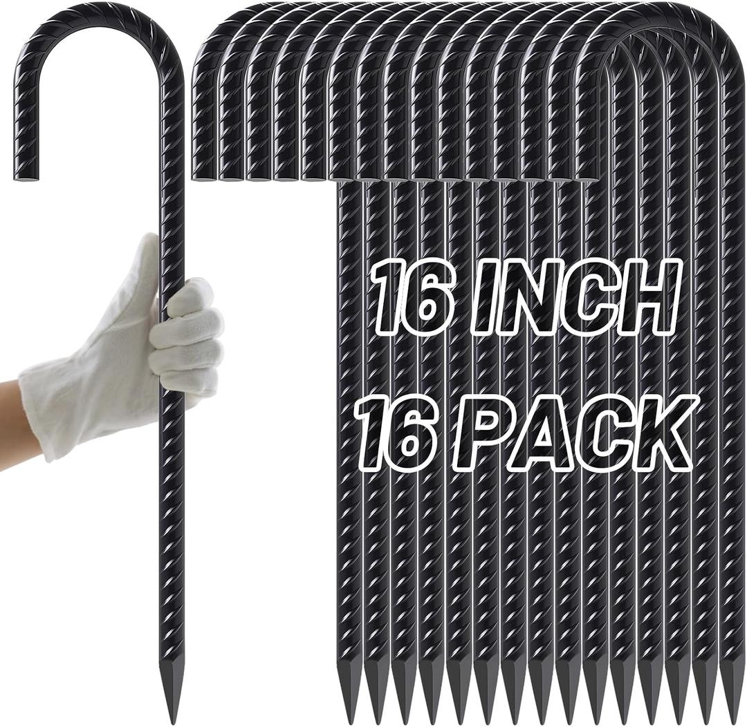 AAGUT Rebar Stakes 16 Inch Heavy Duty 1/2 Inch Diameter J Hook, 16 Pack Black Coated Ground Anchors Chain Link Fence Stakes with Chisel Point End for Large Canopies, Outdoor Inflatables, Swing Set