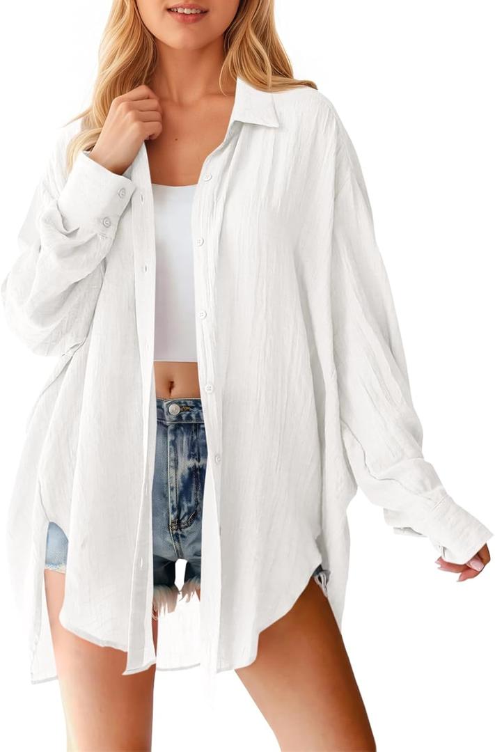 Saodimallsu Womens Oversized Button Down Shirts Long Sleeve Irregular Hem Blouse Tops (Large, White)