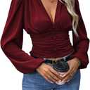 GORGLITTER Women's Ruched Deep V Neck Button Front Smock Lantern Sleeve Crop Top Blouses (Burgundy), Small