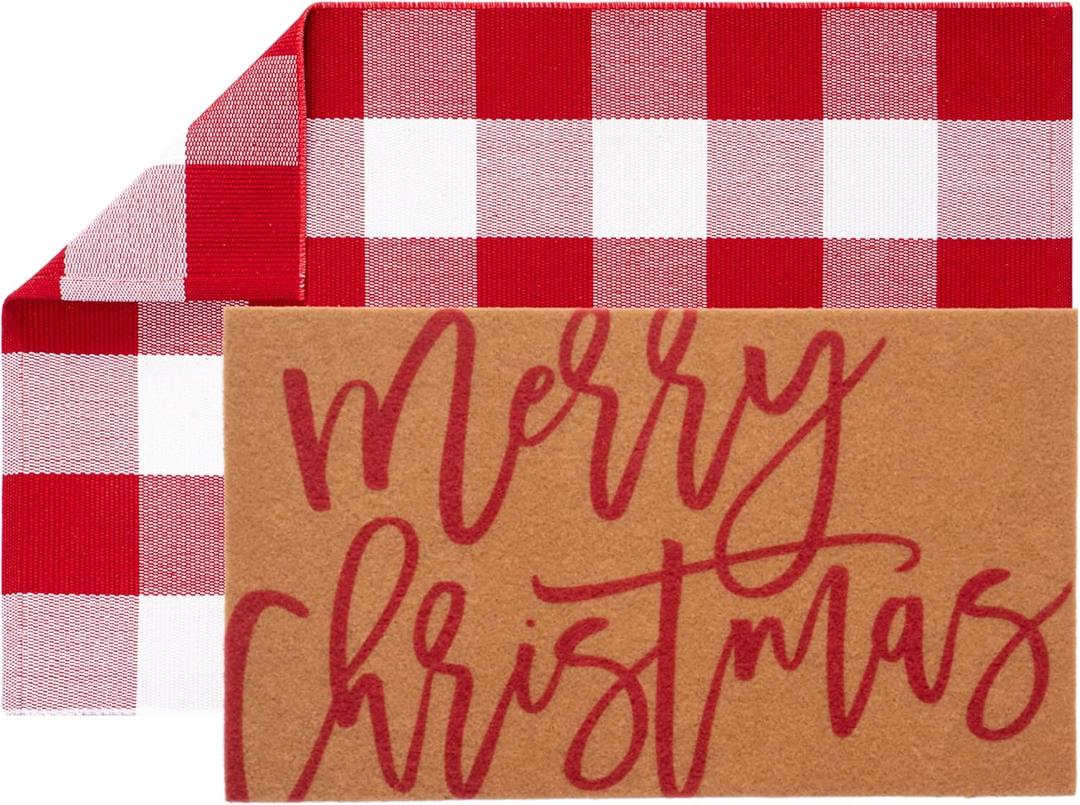 2 Pcs Merry Christmas Door Mats, Welcome Doormats with Layered Plaid Rug, Christmas Front Door Rugs for Entrance Porch Winter Holiday Outdoors Decor 17 x 29 Inch (Merry Christmas)